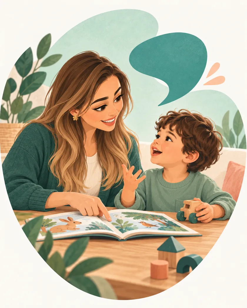 Ebeveyn ve çocuk birlikte kitap okuyarak iletişim kuruyor